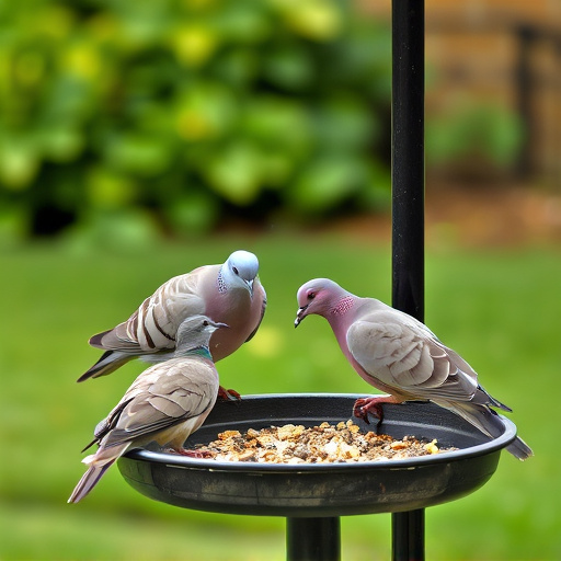 Collared doves eating from patio ground feeder