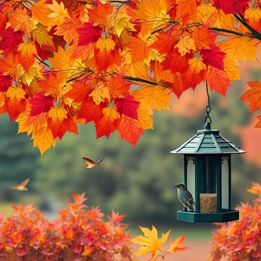 Colorful autumn leaves and feeders