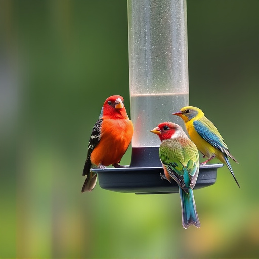 Colorful birds on hanging feeders