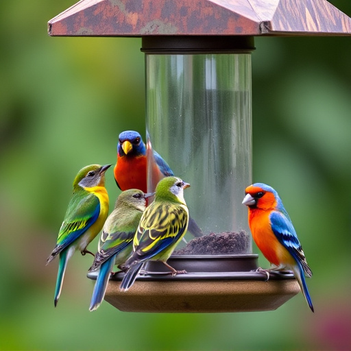 Colorful birds on hanging feeders
