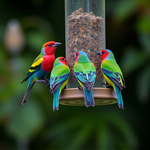 Colorful birds on hanging feeders