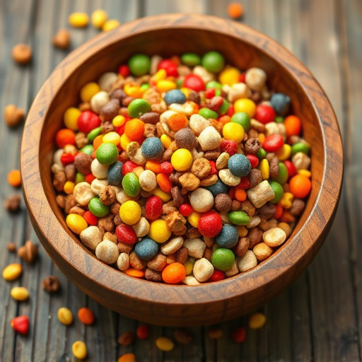 Colourful bird food mix in wooden bowl