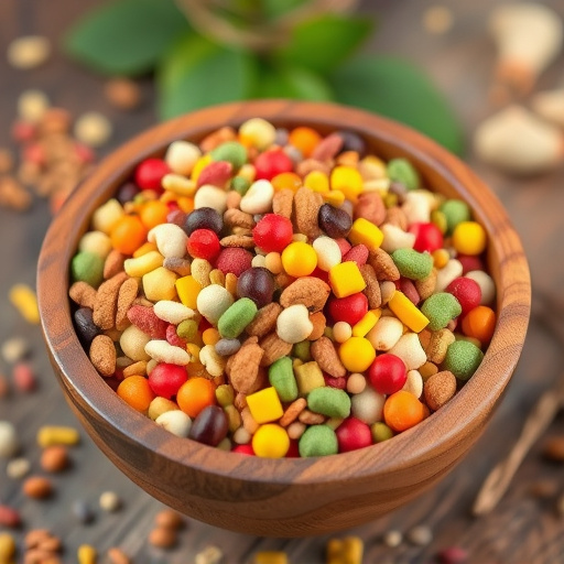 Colourful bird food mix in wooden bowl