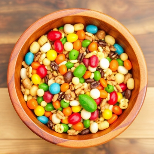 Colourful bird food mix in wooden bowl