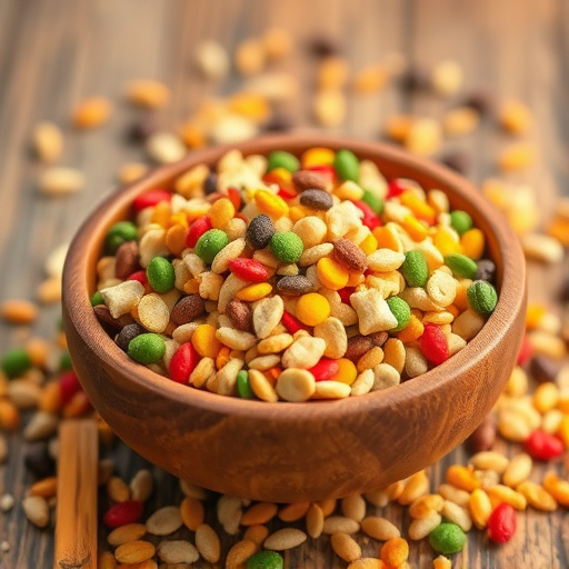 Colourful bird food mix in wooden bowl
