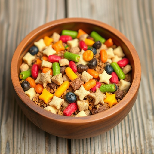 Colourful bird food mix in wooden bowl