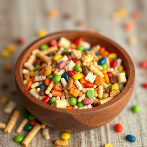 Colourful bird food mix in wooden bowl