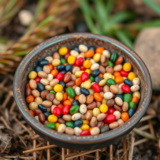 Colourful seeds in shallow feeding dish