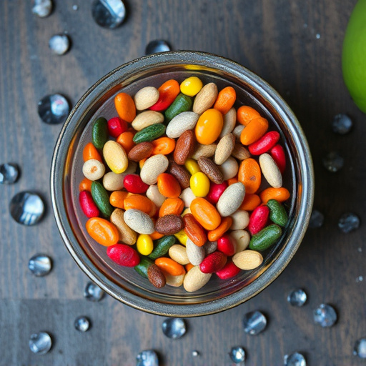 Colourful seeds in shallow feeding dish