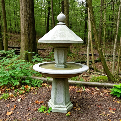 Concrete bird bath in natural woodland setting