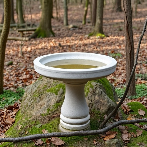 Concrete bird bath in natural woodland setting