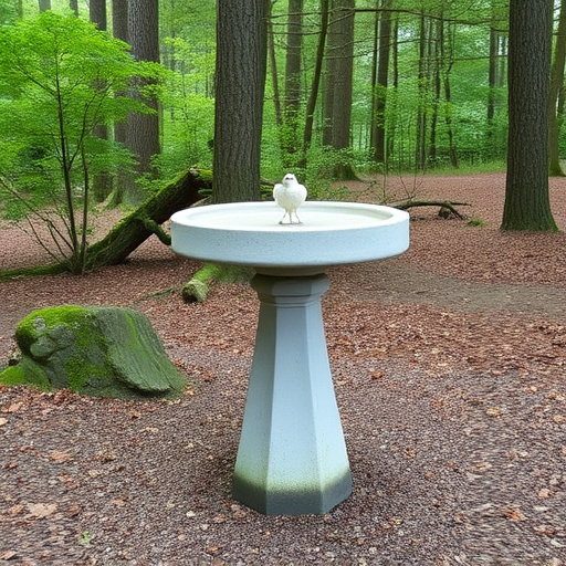 Concrete bird bath in natural woodland setting