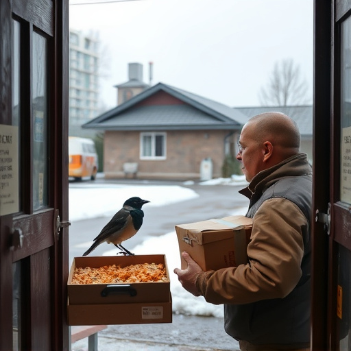 Courier placing bird food at entrance