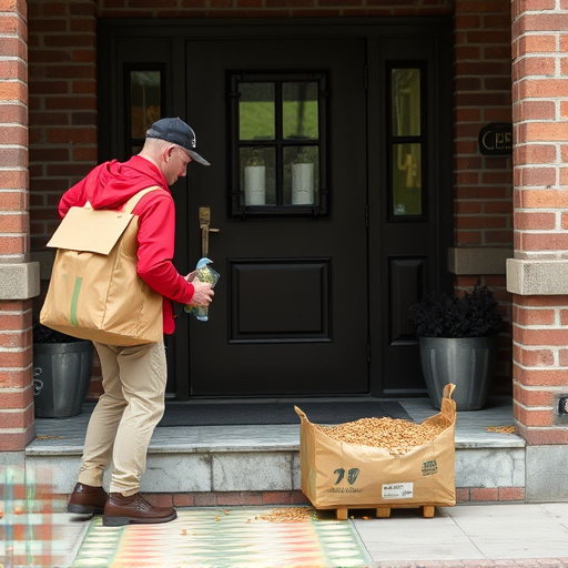 Courier placing bird food at entrance