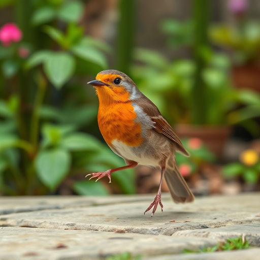 Curious robin hopping on patio stones