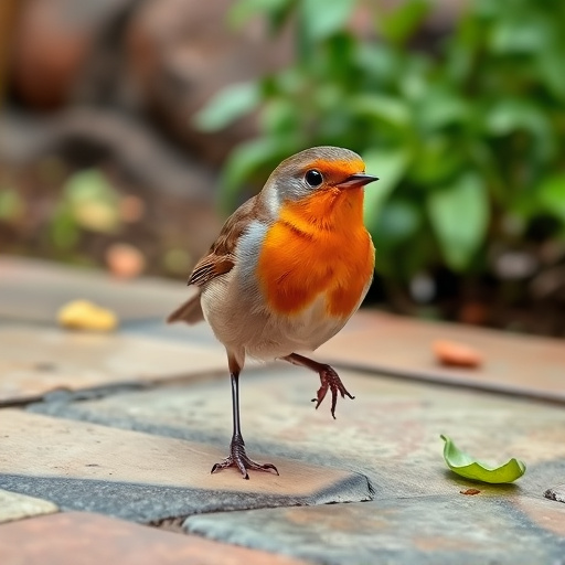 Curious robin hopping on patio stones