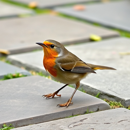 Curious robin hopping on patio stones