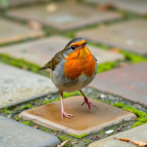 Curious robin hopping on patio stones