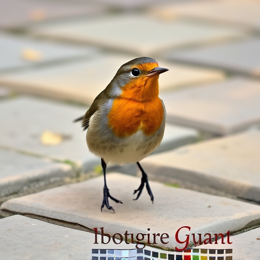 Curious robin hopping on patio stones