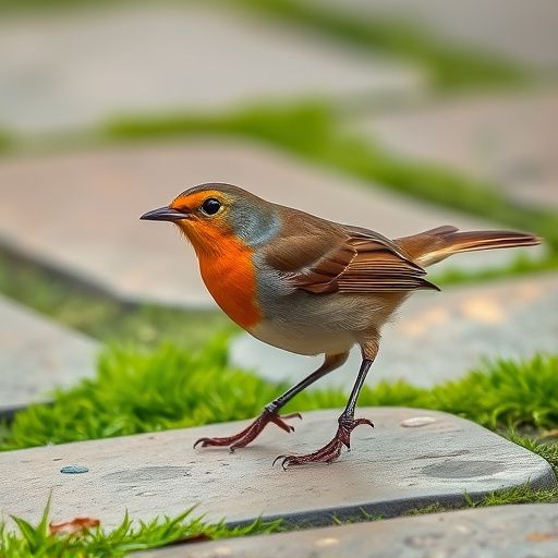 Curious robin hopping on patio stones