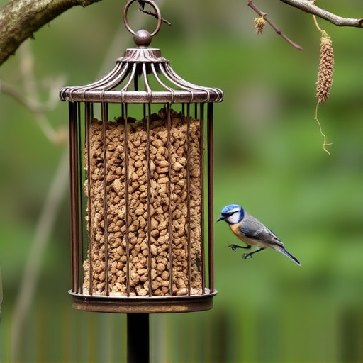Cylindrical suet cage beside bird table