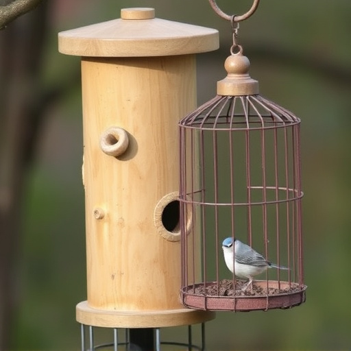 Cylindrical suet cage beside bird table