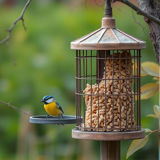 Cylindrical suet cage beside bird table