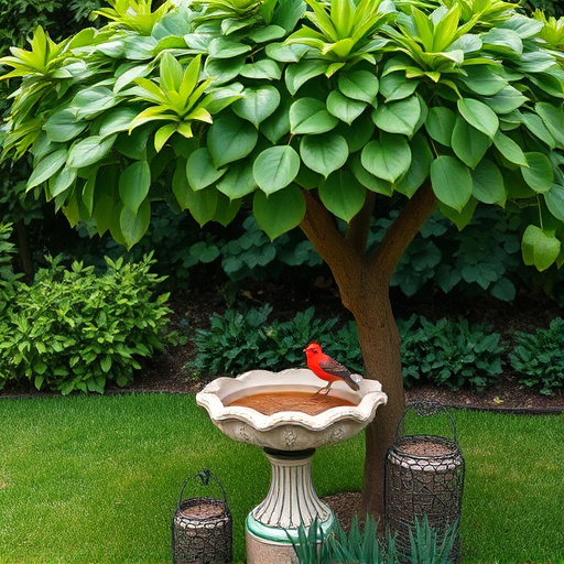 Decorative bird bath under leafy tree