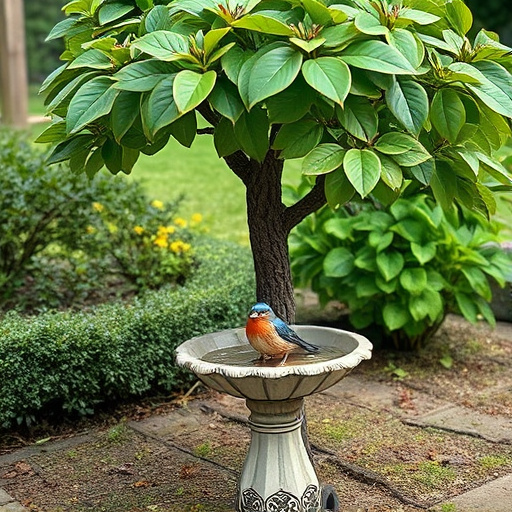 Decorative bird bath under leafy tree