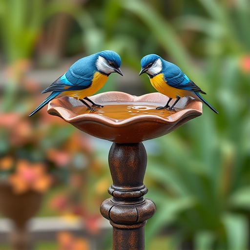 Decorative bird bath with blue tits bathing