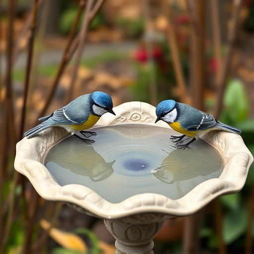 Decorative bird bath with blue tits bathing
