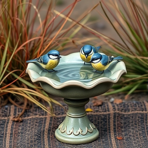 Decorative bird bath with blue tits bathing