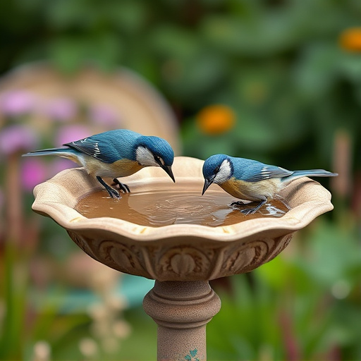 Decorative bird bath with blue tits bathing