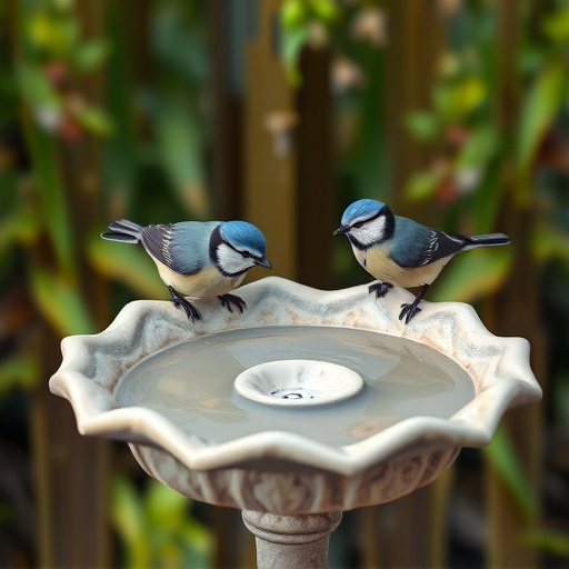Decorative bird bath with blue tits bathing