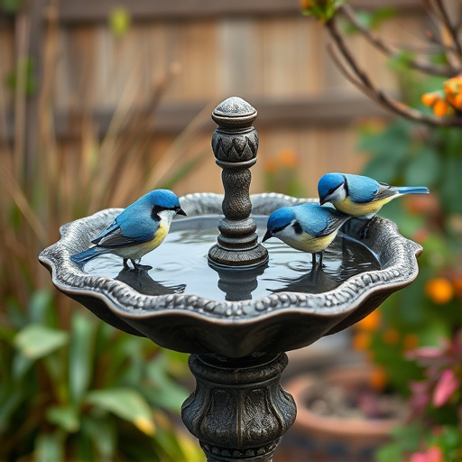 Decorative bird bath with blue tits bathing