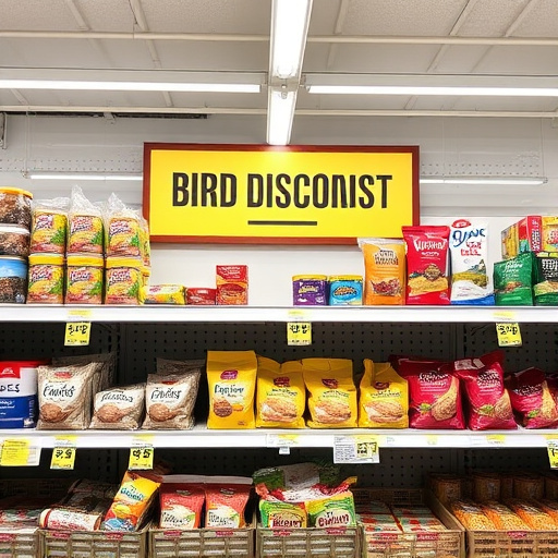 Discount sign above bird food shelf