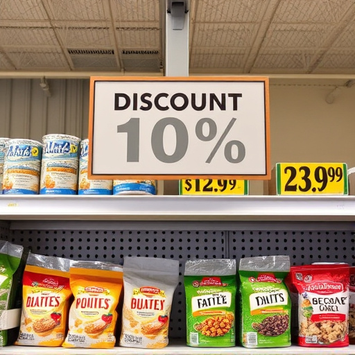 Discount sign above bird food shelf