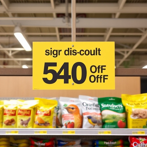 Discount sign above bird food shelf