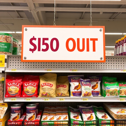 Discount sign above bird food shelf