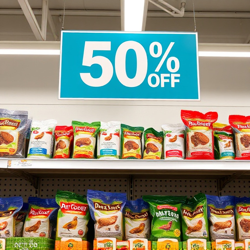 Discount sign above bird food shelf