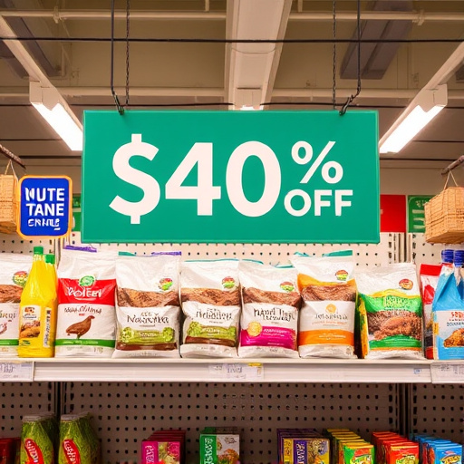 Discount sign above bird food shelf