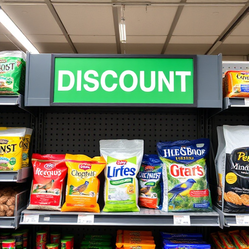 Discount sign above bird food shelf