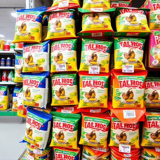 Discounted bird food stacked in store