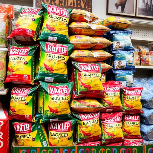 Discounted bird food stacked in store