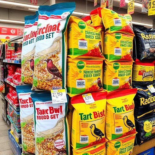 Discounted bird food stacked in store