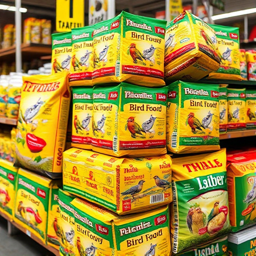 Discounted bird food stacked in store