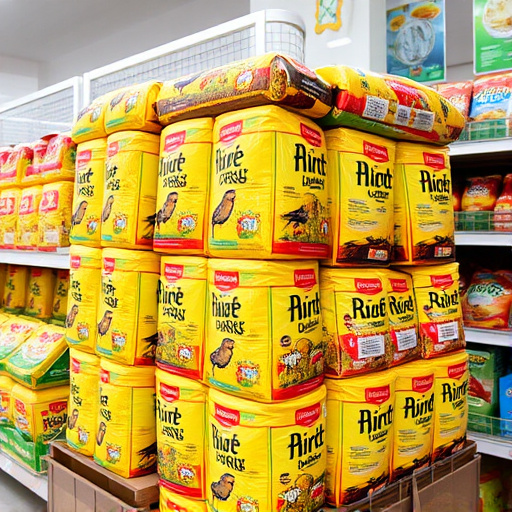 Discounted bird food stacked in store