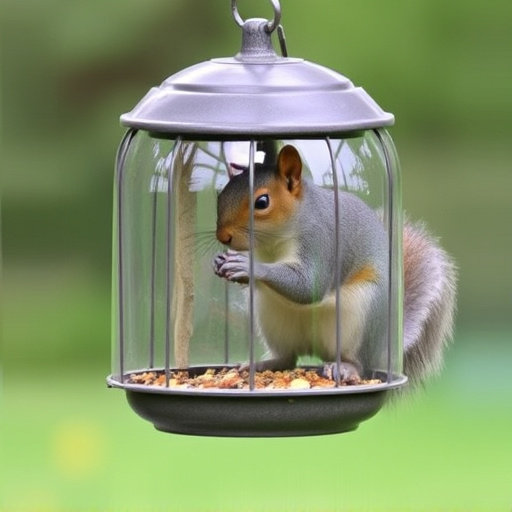 Dome-covered feeder deterring grey squirrel