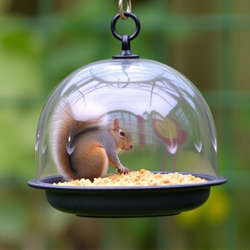 Dome-covered feeder deterring grey squirrel