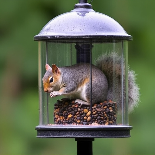 Dome-covered feeder deterring grey squirrel